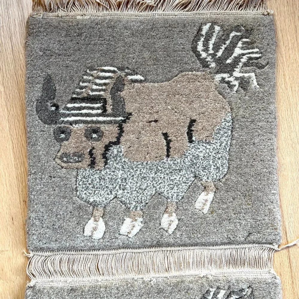 Mid Century Modern Wool Rug Wall Hanging Ox Water Buffalo with a Striped…